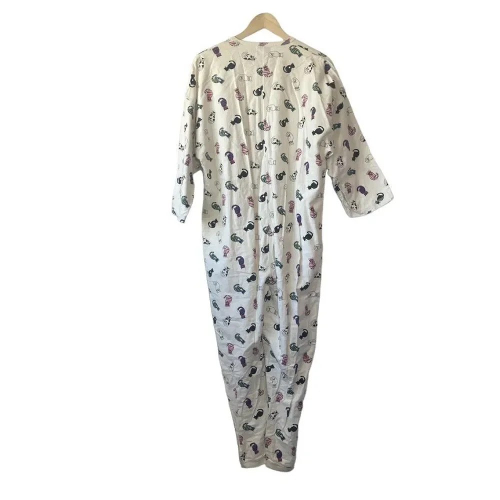 Jennifer Moore Off‎ White Cotton Flannel Cat Print Onesie Sz M